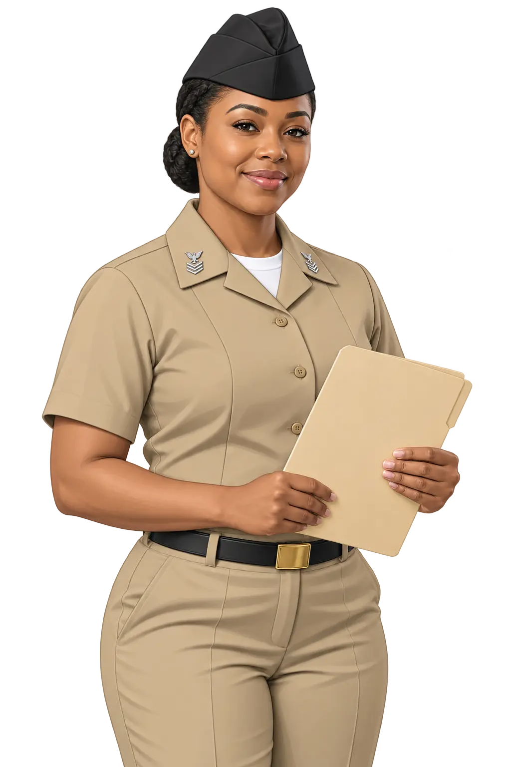 Illustration of a Navy Petty Officer First Class in the Navy Service Uniform reviewing an administrative folder