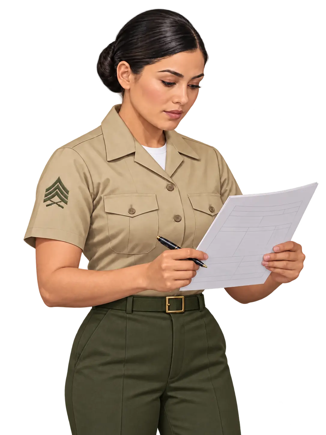Illustration of a Marine Sergeant in the Service C uniform reviewing a routing sheet